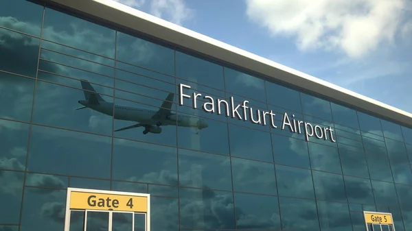 Avião comercial pouso refletindo nas janelas com texto do Aeroporto de Frankfurt. Renderização 3d — Fotografia de Stock