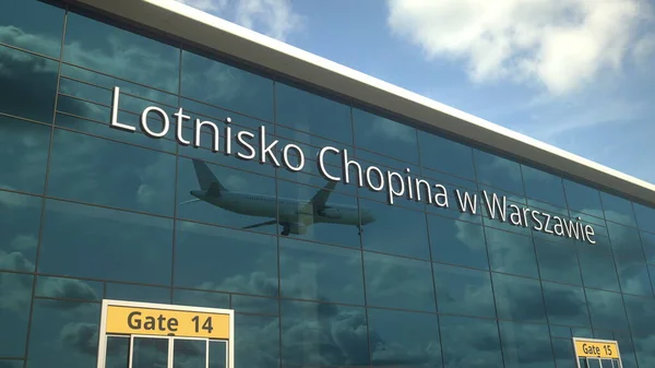 Lądowanie samolotu odbijającego się w oknach z Lotniskiem w Warszawie lub tekstem Portu Lotniczego Chopin w Warszawie. 3d renderowanie — Zdjęcie stockowe