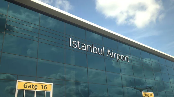 Atterrissage de l'avion de ligne réfléchissant dans les fenêtres avec texte de l'aéroport d'Istanbul. Rendu 3d — Photo