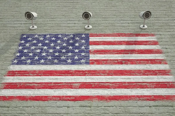 Câmeras de vigilância e parede com bandeira impressa dos Estados Unidos da América. Conceito de sistema de segurança nacional. Renderização 3D — Fotografia de Stock