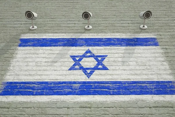 Τοίχος τούβλο με τυπωμένη εθνική σημαία του Ισραήλ και κάμερες CCTV. Εννοιολογική 3D απόδοση συστήματος επιτήρησης — Φωτογραφία Αρχείου