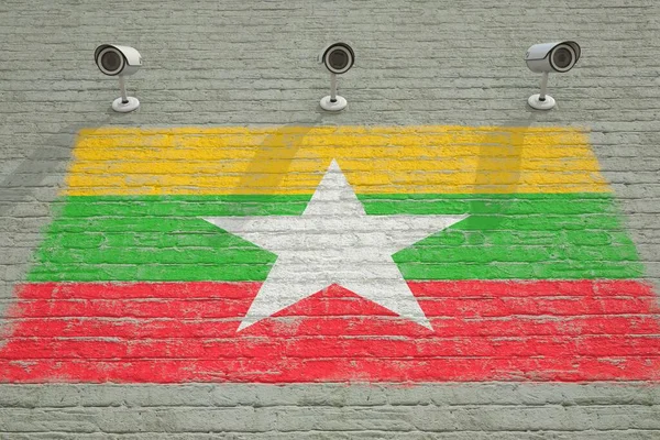 Cámaras de CCTV y pared con bandera impresa de Myanmar. Sistema nacional de vigilancia conceptual 3D rendering — Foto de Stock