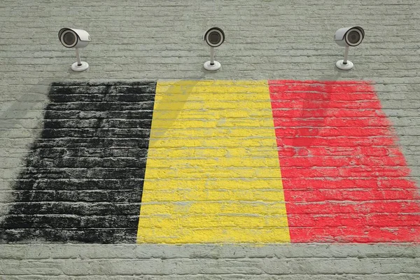Güvenlik kameraları ve Belçika 'nın baskılı bayraklı duvarı. Ulusal güvenlik sistemi konsepti. 3B görüntüleme — Stok fotoğraf