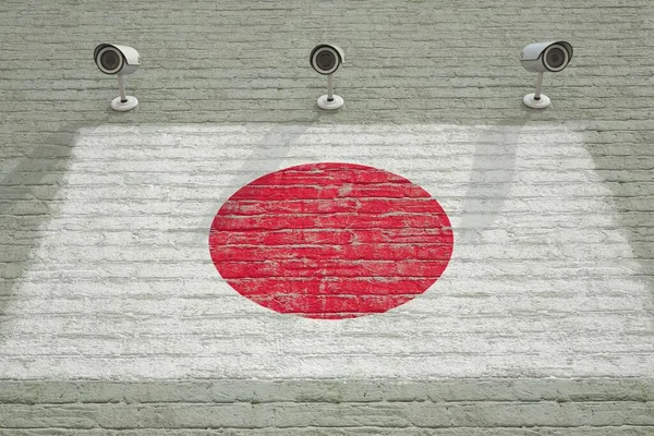 CCTV kamerák és fal nyomtatott zászló Japán. Nemzeti felügyeleti rendszer koncepcionális 3D-s renderelés — Stock Fotó