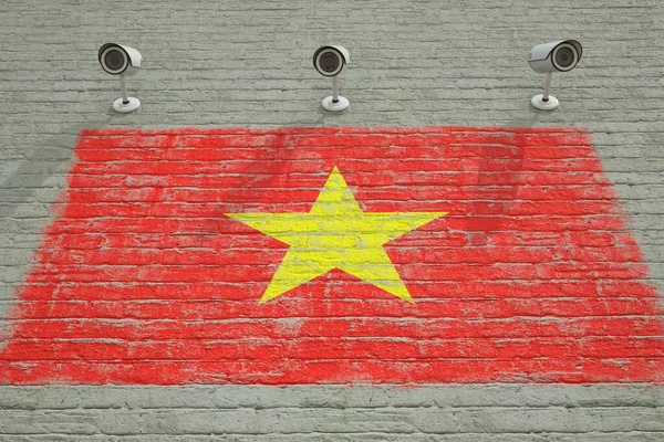 Surveillance cameras and wall with printed flag of Vietnam. National security system concept. 3D rendering — Stock Photo, Image