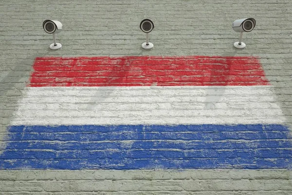 CCTV cameras and wall with printed flag of Netherlands. National surveillance system conceptual 3D rendering — 스톡 사진