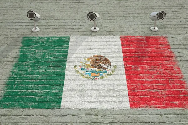 Kamery i ściana z wydrukowaną flagą Meksyku. Krajowy system nadzoru konceptualnego renderowania 3D — Zdjęcie stockowe