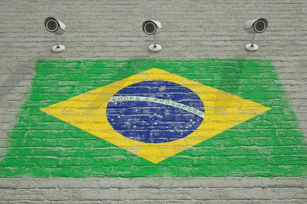 Téglafal nyomtatott nemzeti zászlóval Brazília és a CCTV kamerák. Felügyeleti rendszer koncepcionális 3D-s renderelés — Stock Fotó