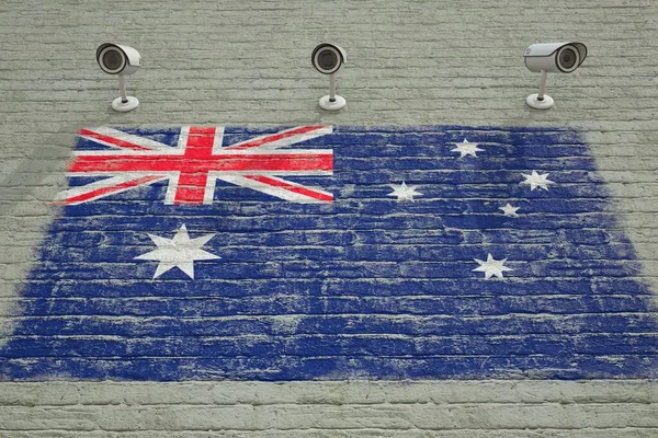 Kameror och vägg med Australiens flagga. Nationellt övervakningssystem konceptuell 3D-rendering — Stockfoto