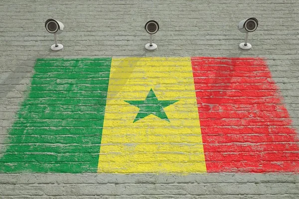 CCTV-Kameras und Wand mit aufgedruckter senegalesischer Flagge. Konzeptionelles 3D-Rendering des nationalen Überwachungssystems — Stockfoto
