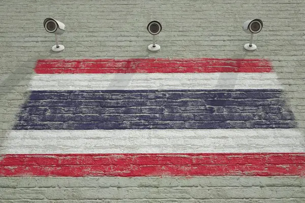 监视摄像头和墙上印有泰国国旗。国家安全体系概念。3D渲染 — 图库照片