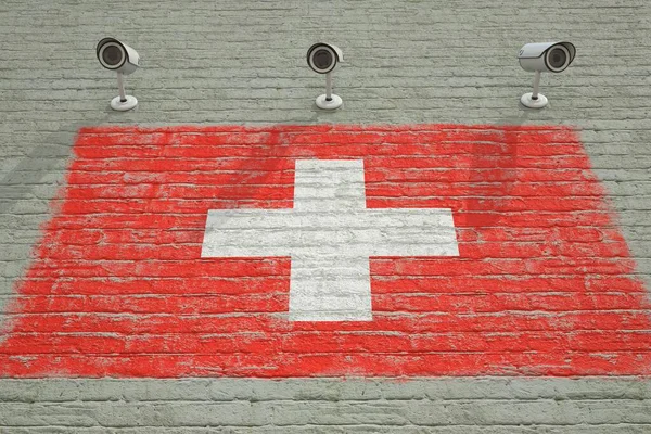 Überwachungskameras und Wand mit aufgedruckter Flagge der Schweiz. Konzept des nationalen Sicherheitssystems. 3D-Rendering — Stockfoto