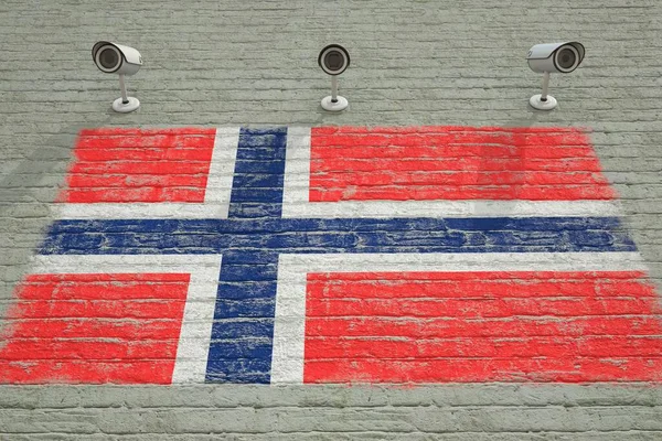 Tegelvägg med norsk flagga och övervakningskameror. Konceptbaserad 3D-rendering av övervakningssystem — Stockfoto