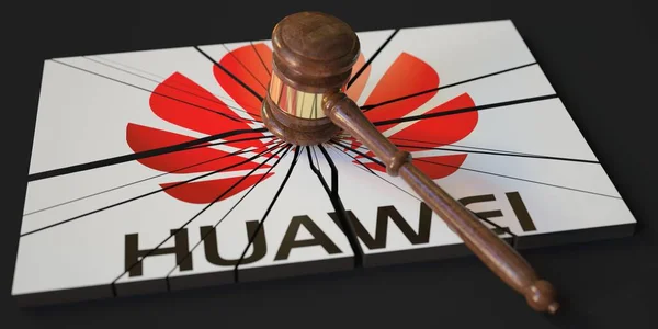 Судьи молотком и сломанный логотип HUAWEI. Редакционная концептуальная 3D рендеринг — стоковое фото