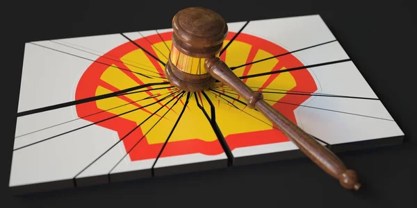 Logo rotto di SHELL e giudici Gavel. rendering concettuale editoriale 3d — Foto Stock