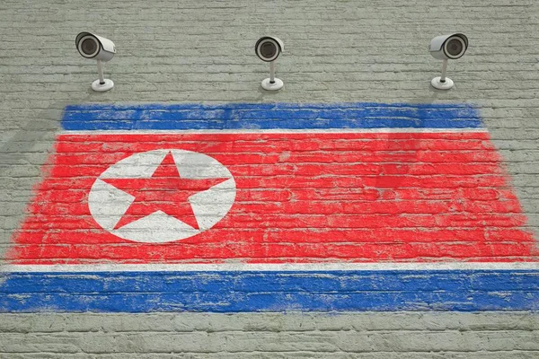 CCTV 카메라와 북한의 인쇄 된 깃발 이 있는 벽. 국가 감시 시스템 개념 3D 렌더링 — 스톡 사진