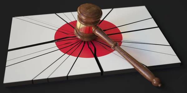 जपानच्या ध्वजासह तुटलेला ब्लॉक आणि न्यायाधीश गवेल. संकल्पनात्मक 3 डी रेंडरिंग — स्टॉक फोटो, इमेज