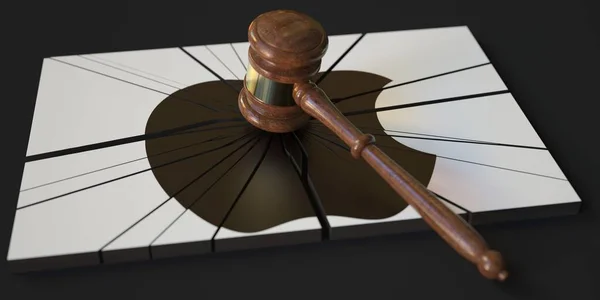 Sędziowie młotek i złamane logo APPLE INC. Redakcja koncepcyjny 3d renderowania — Zdjęcie stockowe