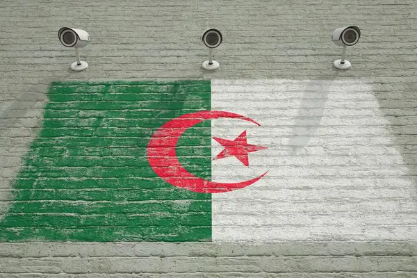 CCTV cameras and wall with printed flag of Algeria. National surveillance system conceptual 3D rendering — Stock Photo, Image