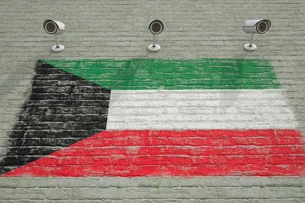 Mur en brique avec drapeau national imprimé du Koweït et caméras de vidéosurveillance. Système de surveillance rendu 3D conceptuel — Photo