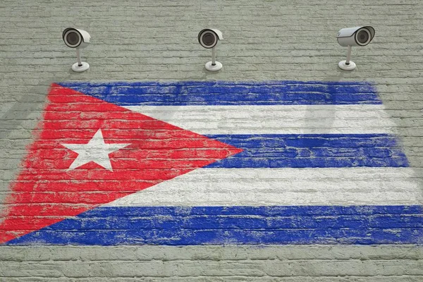 인쇄 된 쿠바 국기와 CCTV 카메라가 있는 벽돌 벽. 감시 시스템 개념 3D 렌더링 — 스톡 사진