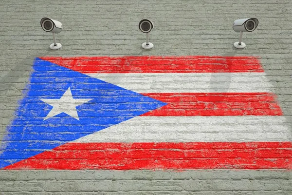 Ściana murowana z drukowaną flagą narodową Portoryko i kamerami CCTV. Konceptualny system nadzoru renderowania 3D — Zdjęcie stockowe