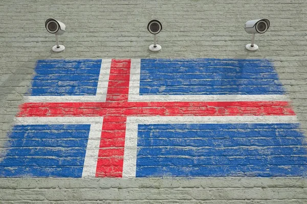 アイスランドの旗が印刷されたCCTVカメラと壁。国家監視システム概念3Dレンダリング — ストック写真