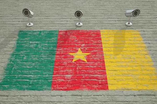 Cámaras de CCTV y pared con bandera impresa de Camerún. Sistema nacional de vigilancia conceptual 3D rendering — Foto de Stock