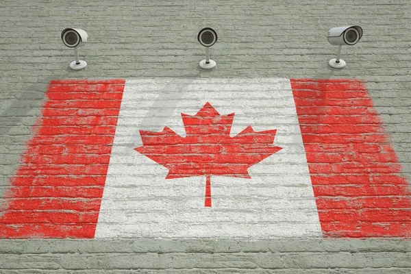 Mur en brique avec drapeau national imprimé du Canada et caméras de vidéosurveillance. Système de surveillance rendu 3D conceptuel — Photo