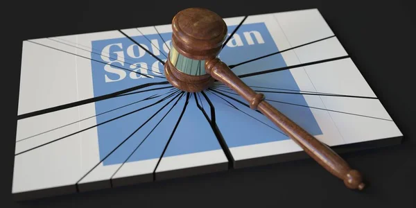 Logo van GOLDMAN SACHS geraakt door rechters hamer. Gerechtelijke redactie 3d rendering — Stockfoto