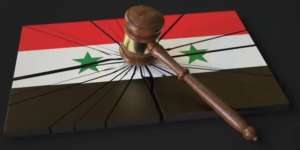 재판관들에 의해 타격받은 시리아의 깃발로 차단. 법원 , 3d 렌더링 과 관련된 판결 — 스톡 사진