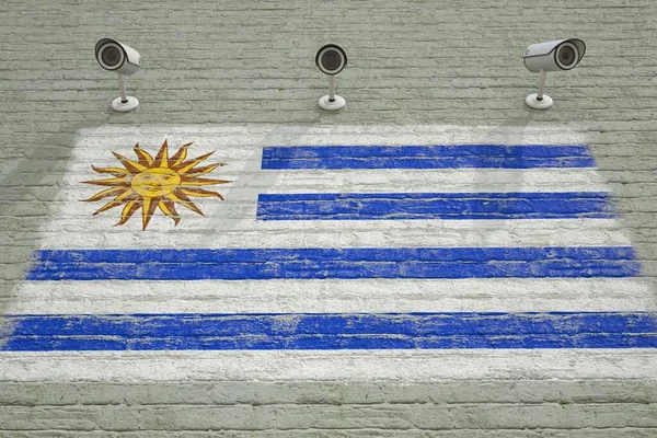 CCTV camera 's en muur met afgedrukte vlag van Uruguay. Conceptuele 3D-weergave van het nationale bewakingssysteem — Stockfoto