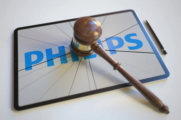 Richtergabel und zerbrochenes Logo — Stockbild Richtergabel und kaputter Tablet-Computer-Bildschirm mit PHILIPS-Logo. Redaktionelle konzeptionelle 3D-Darstellung — Stockfoto