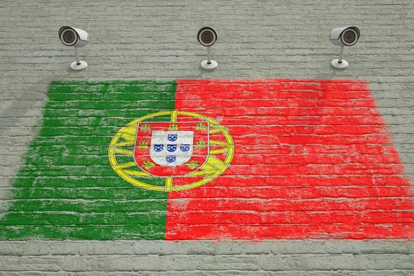 Cámaras de vigilancia y pared con bandera impresa de Portugal. Concepto del sistema de seguridad nacional. Renderizado 3D —  Fotos de Stock