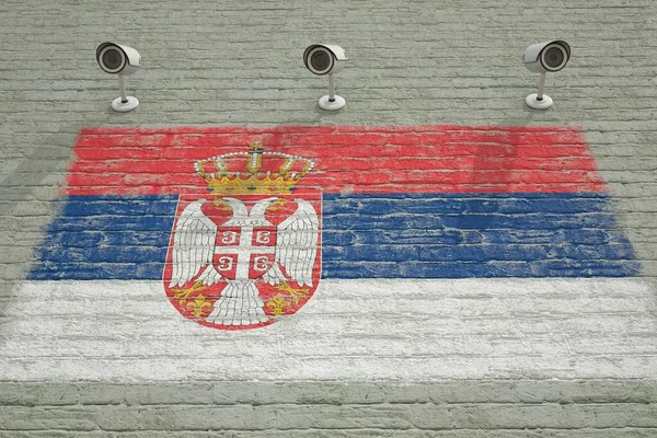 CCTV камери і стіни з друкованим прапором Сербії. Національна система спостереження концептуальний 3D рендеринг — стокове фото