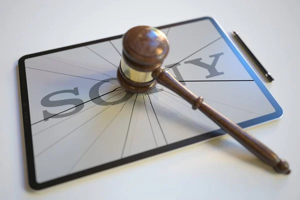 Richtergabel und zerbrochenes Logo — Stockbild Das Logo von SONY auf dem Bildschirm des Tablet-Computers, der von Richtern getroffen wurde. Gerichtsbezogene redaktionelle 3D-Darstellung — Stockfoto
