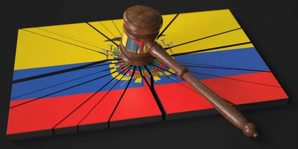 Judges gavel and broken block with flag of Ecuador. Conceptual 3d rendering — Stock Photo, Image