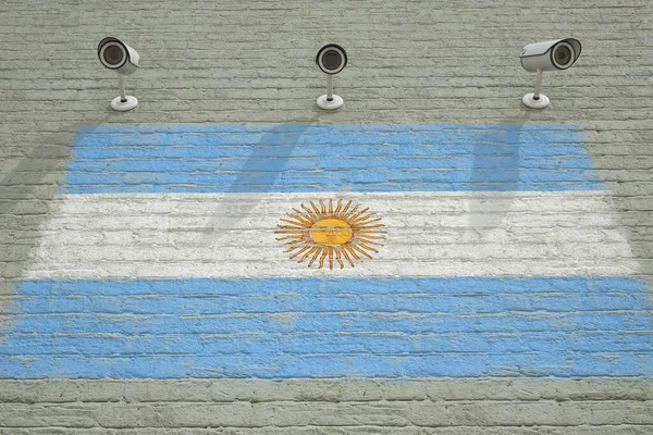 Камеры наблюдения и стена с печатным флагом Аргентины. Концептуальная 3D-рендеринг национальной системы наблюдения — стоковое фото