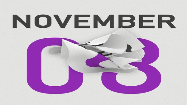 November 8 dátum mögött gyűrött papírlap egy naptár, 3D-s renderelés — Stock Fotó
