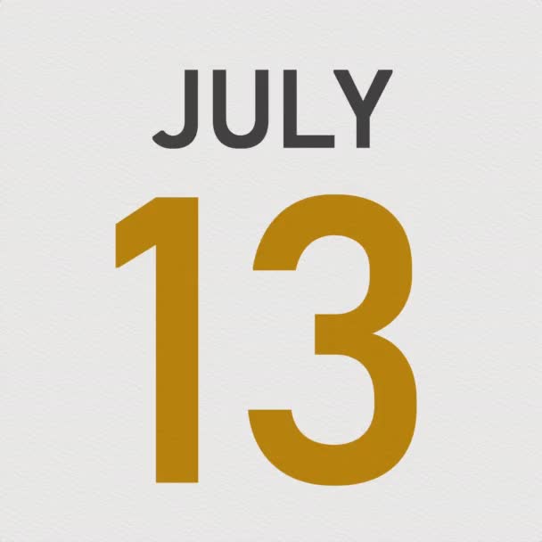 14 lipca data za pogniecioną papierową stroną kalendarza, animacja 3D — Wideo stockowe