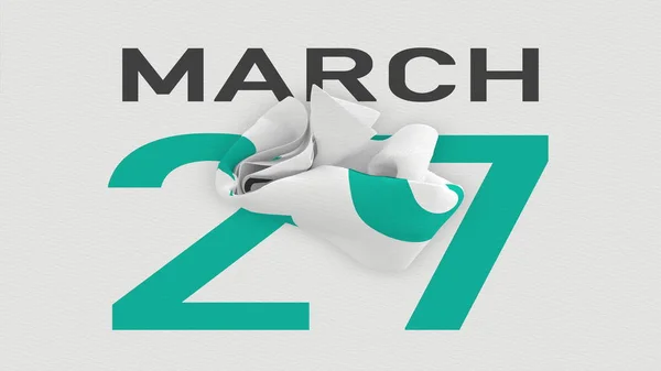 27 marca data za pogniecioną papierową stroną kalendarza, renderowanie 3d — Zdjęcie stockowe