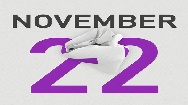 22 de noviembre la fecha después de la página rasgada del calendario de papel, la representación 3d — Foto de Stock
