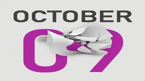 Október 9 dátum mögött gyűrött papírlap egy naptár, 3D-s renderelés — Stock Fotó
