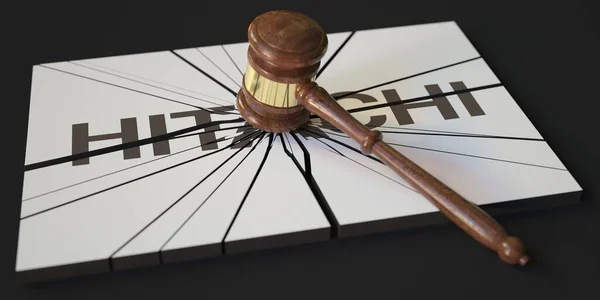 A HITACHI bírói kalapácsa és törött logója. Szerkesztői konceptuális 3D-s renderelés — Stock Fotó