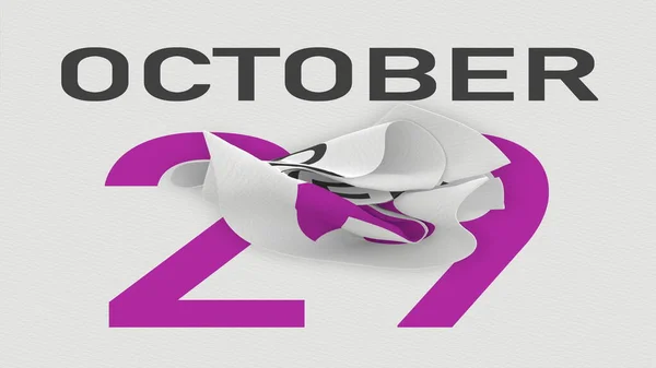 29 oktober datum bakom skrynklig papperssida i en kalender, 3D-rendering — Stockfoto