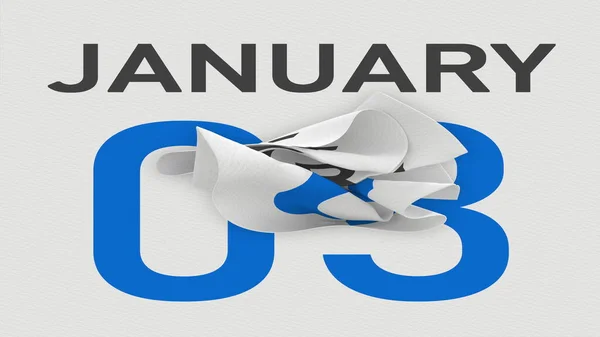 3 de enero la fecha detrás de la página arrugada de papel del calendario, la representación 3d — Foto de Stock