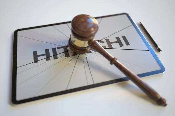 Giudici martelletto e schermo del tablet rotto con logo di HITACHI. rendering concettuale editoriale 3d — Foto Stock
