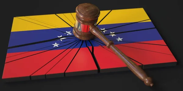 Block with flag of Venezuela hit by judges gavel. Court related 3d rendering — Stock Photo, Image