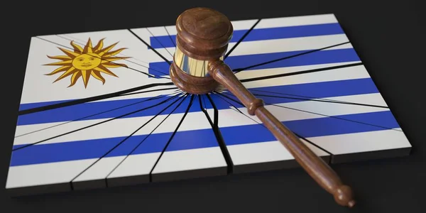 Bloque con bandera de Uruguay golpeado por mazo de jueces. Corte relacionada 3d renderizado — Foto de Stock