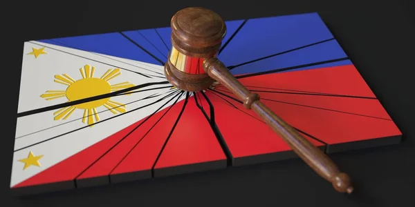 Hakim gavel dan blok rusak dengan bendera Filipina. Rendering 3d konseptual — Stok Foto